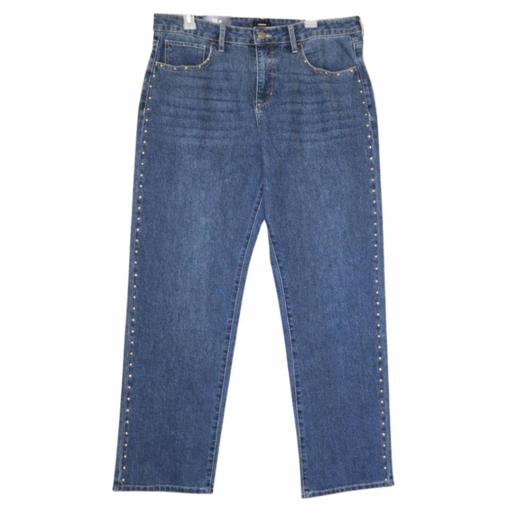 EXPRESS Straight Leg High Rise Med Wash Gold Studs 14